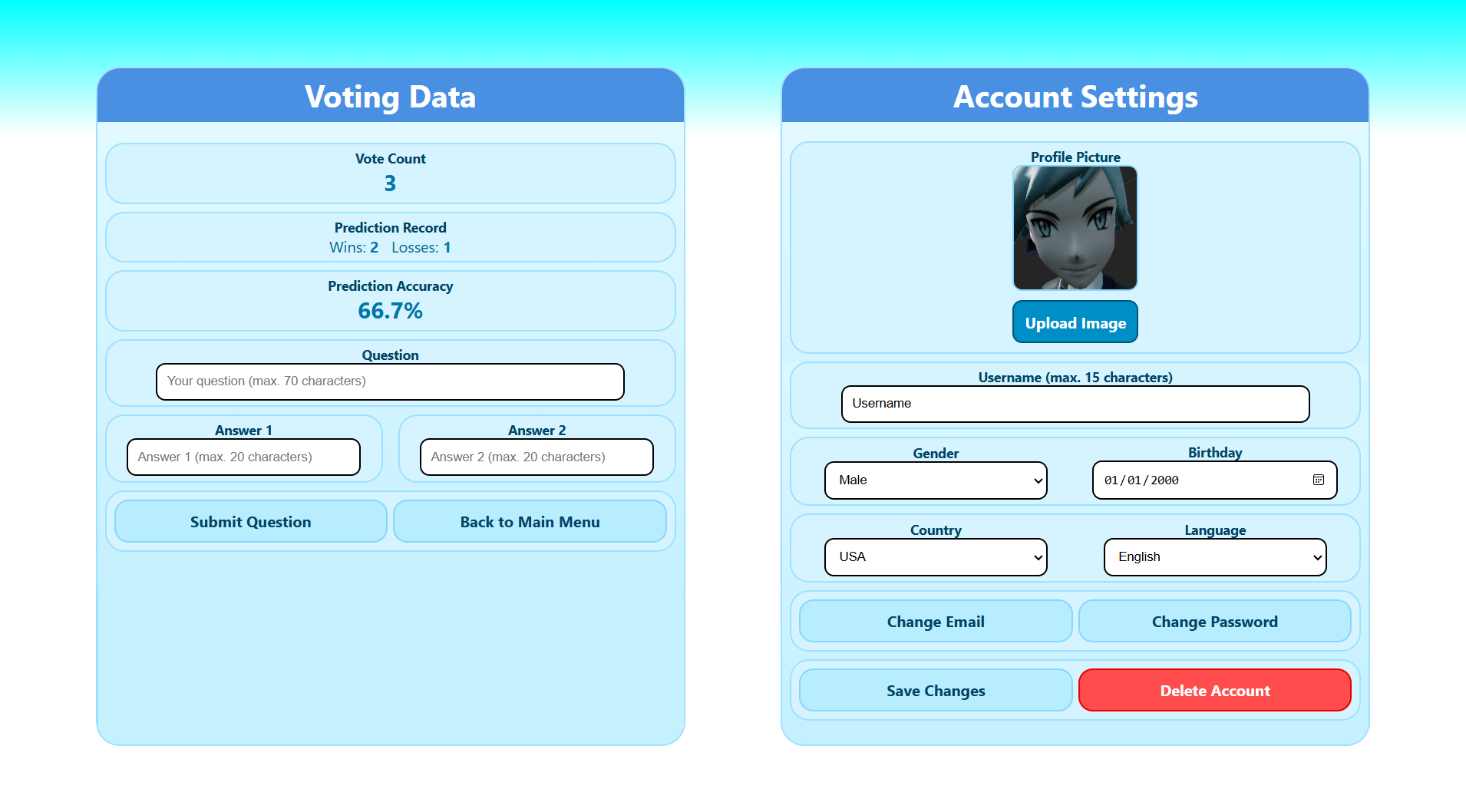 User profile with settings and a question submission option.